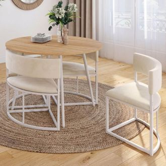 IDMarket Conjunto De Mesa Y 4 Sillas Encajables Milene De Metal Blanco, Con Tablero Imitaci&oacute;n De Haya Y Tapizado De Terciopelo Beige