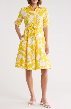 Calvin Klein Floral Tie Sleeve Cotton Shirtdress in Daffodil/Cream at Nordstrom Rack, Size 14