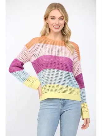 Fate Maggie Striped Open Weave Sweater In Rainbow