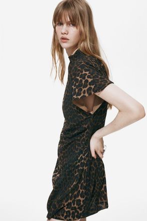 H&M Draped Turtleneck Dress in Brown/leopard Print at Nordstrom, Size X-Small
