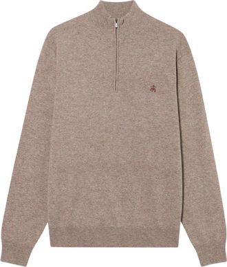 Brooks Brothers Lamswol trui met halve rits en logo - Heren - Coltruien - Bruin - 3XL - Wol - Truien & Vesten