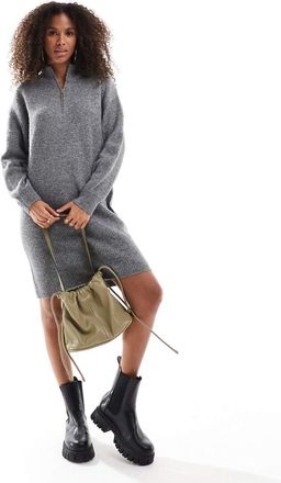 Only half zip midi sweater dress in dark gray melange