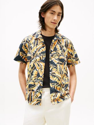 Tommy Hilfiger Mens Palm Leaf Print Paper-Touch Camp Shirt - Black - XL