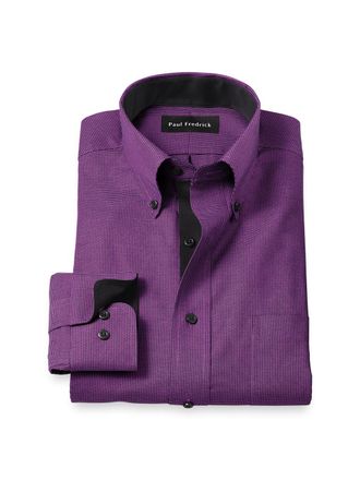 Paul Fredrick Tailored Fit Non-iron Cotton Houndstooth Dress Shirt With Contrast Trim