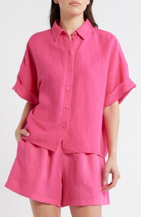 Boss Orange by Hugo Boss Bisenas Linen Blend Button-Up Shirt in Magenta at Nordstrom, Size 12