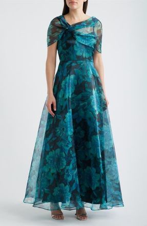 Eliza J Floral Shoulder Overlay Ballgown in Teal at Nordstrom, Size 12