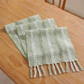 No Brand Camino De Mesa, Estilo Bohemio, Color Crema, Estilo R&uacute;stico, Con Borlas, Lavable, Decoraci&oacute;n Para Bodas, Peque&ntilde;o Jacquard Verde De Doble Capa, 33 X 24