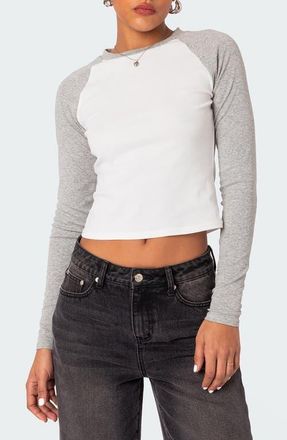 Edikted Raya Long Sleeve Crop Cotton Baseball T-Shirt in White/grey at Nordstrom, Size X-Small