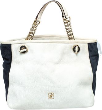 Carolina Herrera White Textured Leather And Suede Tote Bag