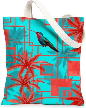 Generic Tropical Hummingbird Canvas Tote Bags, Floral Pattern Reusable Grocery Bags, Summer Modern Lightweight Washable Shoulder St, Turquoise, 13x15 Inch