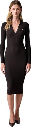 Elisabetta Franchi Ribbed Knit V-Neck Midi Jurk - Dames - Kleedjes - Bruin - S - Leer - Kleedjes