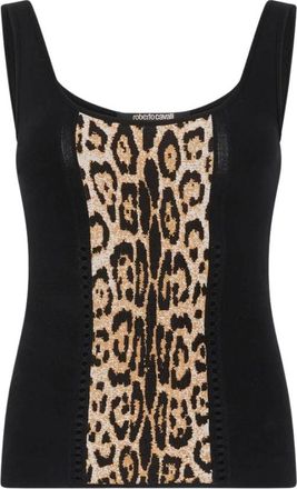 Roberto Cavalli Tops, Dames, Bruin, S, Polyester, Stretch Top Met Jaguar Huid Inzet