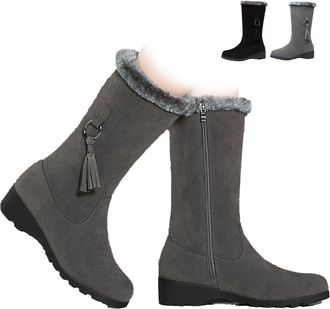 Generic Womens Suede Warm Wedge Mid-Calf Boots - Plush Lined Non-Slip Winter Snow Boots with Fur Trim and Side Zipper(Grey,7.5)