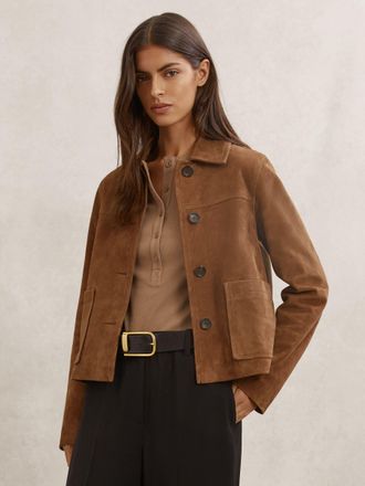 Reiss Tan Suede Patch-pocket Jacket, 10