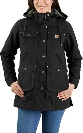 Carhartt Work in Progress Field Jacket Womens Black Sherpa-Lined Collar Hooded Snap Front KFC483