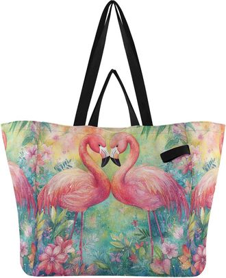 Generic Flowers Pink Flamingo pattern Reusable Canvas Tote Bag, Heavy Duty Grocery Shopping Bag with Hard Bottom Large Capacity Double Handles Work Groceries 