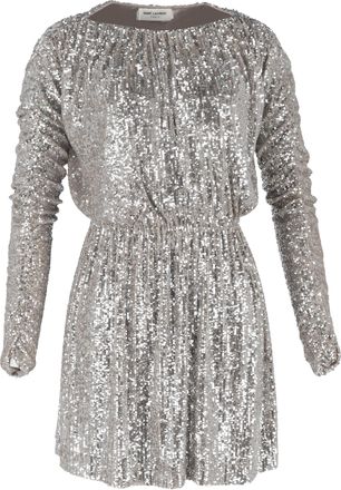 Saint Laurent Pre-owned Womens Bateau Neckline Sequined Mini Dress in Silver - Size IT 38 (Womens)