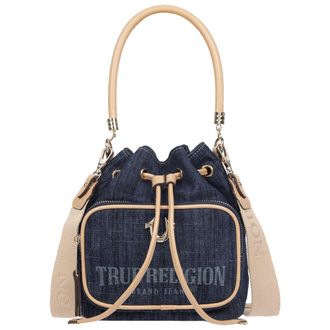 True Religion Bryce Denim & PU Bucket Bag - Womens Designer Drawstring Bucket Handbag with Crossbody Strap (Dark Denim)