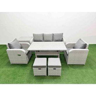 Fimous Pe Rattan Garden Furniture Set Reclining Chair Sofa Lounge Sofa Set Rectangular Dining Table Side Table 2 Small Stools Light Grey - Fimous