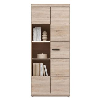 Dmora Vitrina Ladara, Mueble Expositor 8 Estantes, 2 Puertas, Con Led Esquinas Redondeadas, 80x37x194h Cm Roble Marr&oacute;n