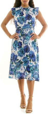 Nina Leonard Smock Chiffon Midi Dress in Blue Multi Combo at Nordstrom Rack, Size X-Large