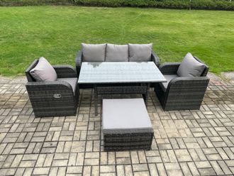 Fimous Wicker PE Rattan Garden Furniture Set Outdoor Rectangular Dining Table & Chair Sofa Set With Big Footstool in Dark Grey