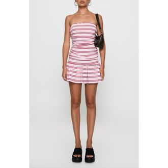 Princess Polly Juicie Stripe Strapless Drop Waist Stretch Cotton Minidress in Pink /White Stripe at Nordstrom, Size 10
