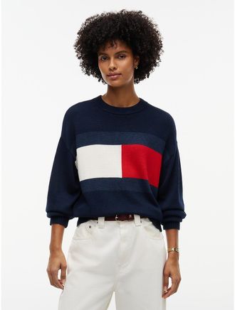 Tommy Hilfiger Womens Intarsia Flag Logo Crewneck Sweater - Navy - XXL