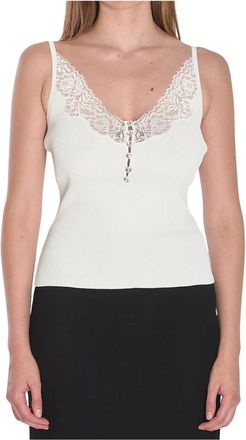 Self Portrait Ribbed Knit Kant Kant V-hals Camisole Top - Dames - Tops zonder mouwen - Wit - L - Polyester - Tops