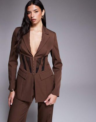 Asos Blazer stretto in vita marrone con pannelli a contrasto in coordinato