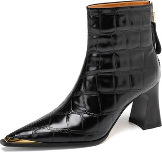 TinaCus Emobossed Genuine Leather Womens Pointed Toe Handmade Back Zipper High Chunky Heels Chic Ankle Boots, Black, 10.5 UK