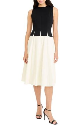 Maggy London Two-Tone Drop Waist Stretch Cotton Midi Dress in Winter White at Nordstrom, Size 18