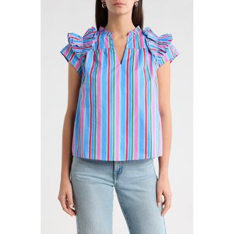 Sugarlips Jaimie Stripe Ramona Ruffle Cotton Top in Pink-Blue-Green at Nordstrom, Size X-Large