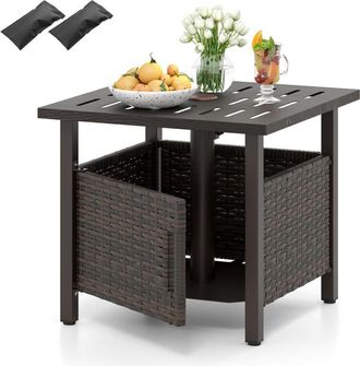 Costway Tavolino da Esterno con Foro per Ombrellone da 4,9 cm, Tavolo da Patio in Rattan PE, Tavolino Laterale per Giardino, Terrazza e Bordo