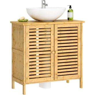 Soges Mobiletto da bagno in bamb&ugrave;,mobiletto lavabo,mobiletto da bagno con 2 ante a doghe,salvaspazio,60 x 30 x 60 cm