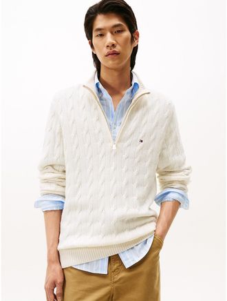Tommy Hilfiger Mens Lambswool Cable Knit Quarter-Zip Sweater - White - L
