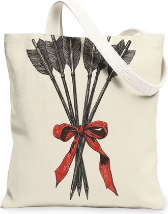 Generic Vintage Rustic Canvas Tote Bags, Arrowhead Design Lightweight Washable Grocery Bags, Holiday Red Bow Pattern Reusable Shopping for Gym Outdoor Travel 