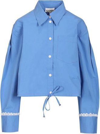 Ganni Shirt met kanten bies en trekkoordzoom - Dames - Overhemden - Blauw - S - Katoen - Overhemden
