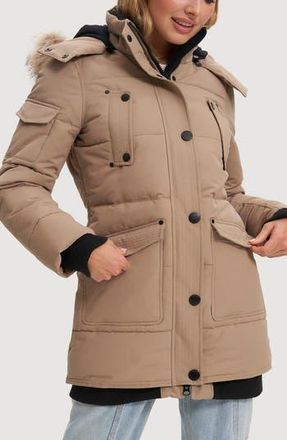 Noize Astrid Heavyweight Faux Fur Trim Jacket in Sand at Nordstrom Rack, Size X-Small