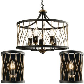 Loops 5 Vintage Bulb Ceiling Lamp & 2x Matching Wall Light Bronze & Black Metal Cage