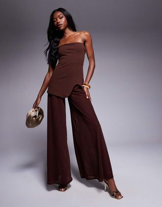 Asos bodice bandeau jumpsuit with sheer wide leg pants in chocolate in scuba-style fabric-Brown