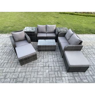 Fimous High Back Rattan Garden Furniture Set with Loveseat Sofa Rectangular Coffee Table 2 Big Footstool 2 Side Tables Indoor Outdoor Patio Lounge Sofa Set