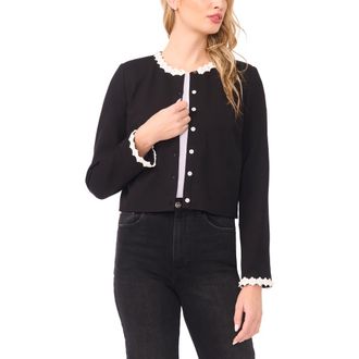 CeCe by Cynthia Steffe Faux Pearl Floral Trim Jacket in Rich Black at Nordstrom, Size X-Large