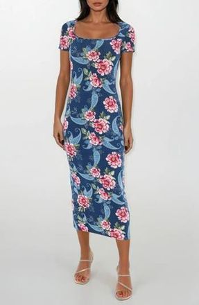 Bebe Square Neck Midi Dress in Navy Fuchsia Floral at Nordstrom Rack, Size Medium