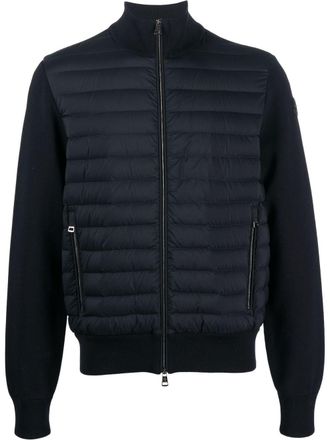 Moncler padded contrast-sleeve jacket - men - Calf Leather/Elastane/Cotton/Polyamide/Goose Down/Polyamide/Feather - XXXL - Blue