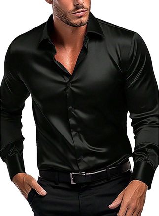 Generic Mens Dress Shirts Shiny Satin T Shirt Solid Long Sleeve Regular Fit Button Down Dress Shirt Formal Wedding Shirts Casual Business Work Blouse Dance Pa