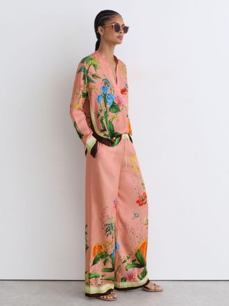 Reiss Pink Petite Tropical Scarf-print Wide-leg Trousers, 12