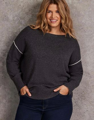 Live Unlimited London Womens Grey Seam Detail Round Neck Jumper With Cashmere - Size: 14