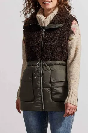 Tribal Sherpa Combo Long Vest In Dark Cedar