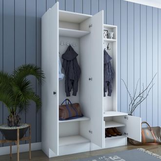 Dmora Mueble De Entrada Grue, 5 Estantes, Perchero, 4 Puertas, 120x37x183h Cm Blanco